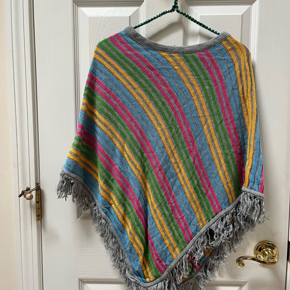 Colorful Striped Poncho with Fringe